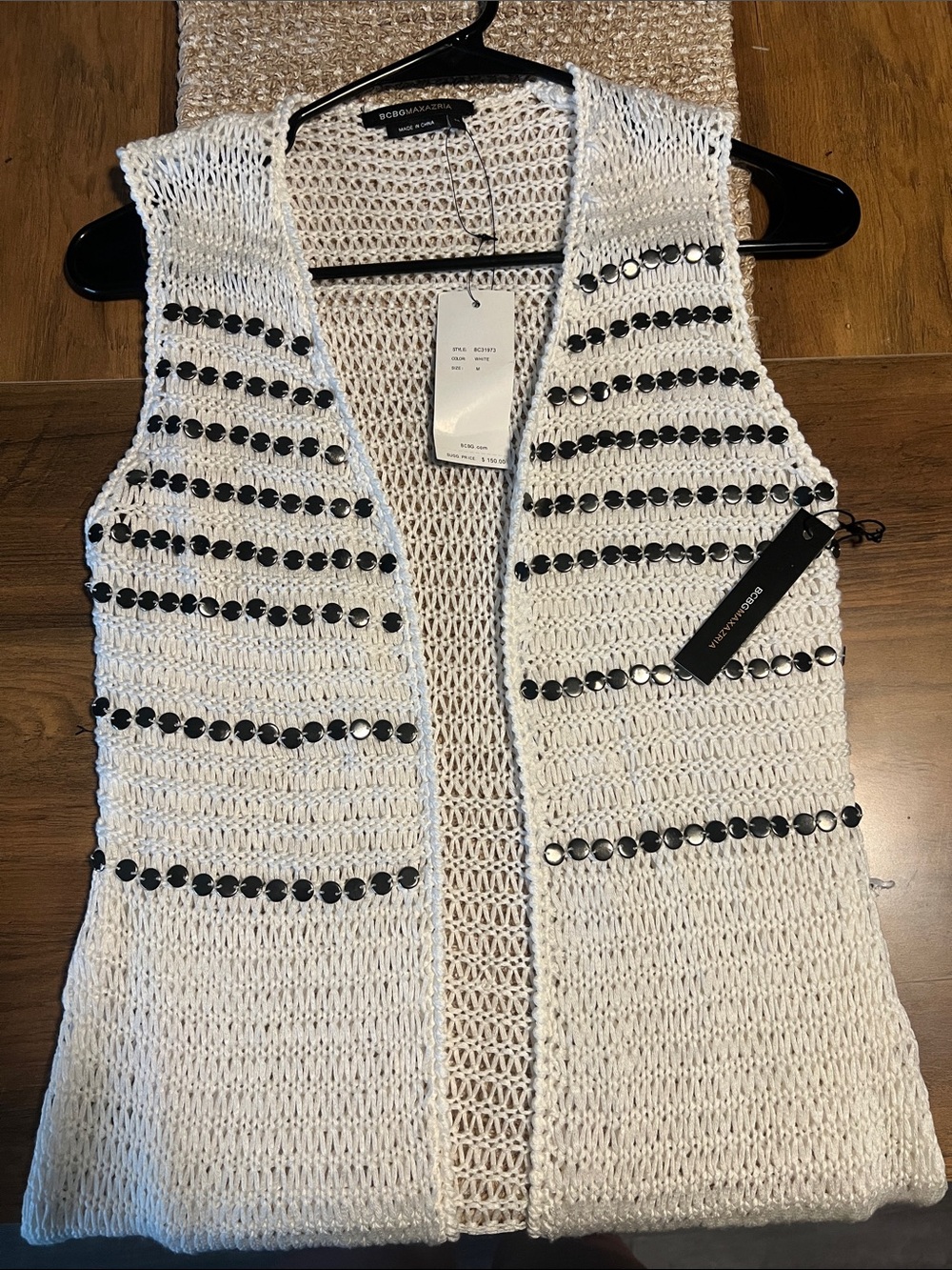 BCBGMaxAzria White Crochet Vest with Silver Sequin Stripes Medium